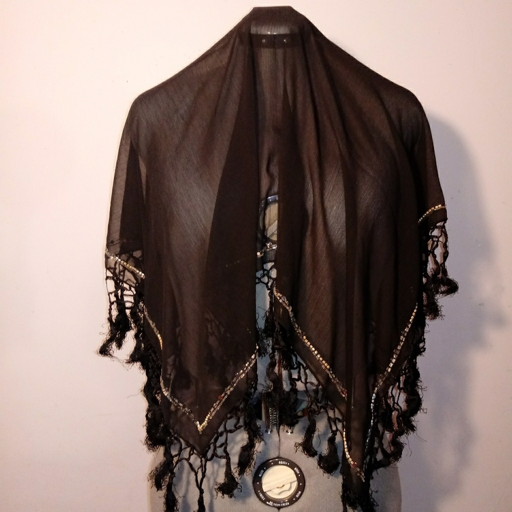 Beautiful Black Sheer Sequin Tassled Scarf